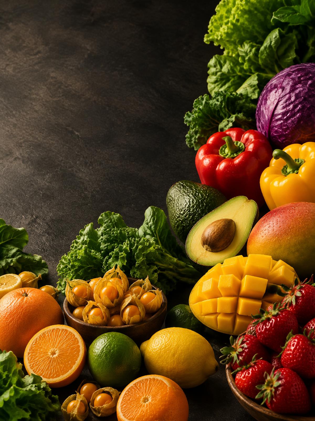 Seleção de frutas e verduras frescas da Le Fruit